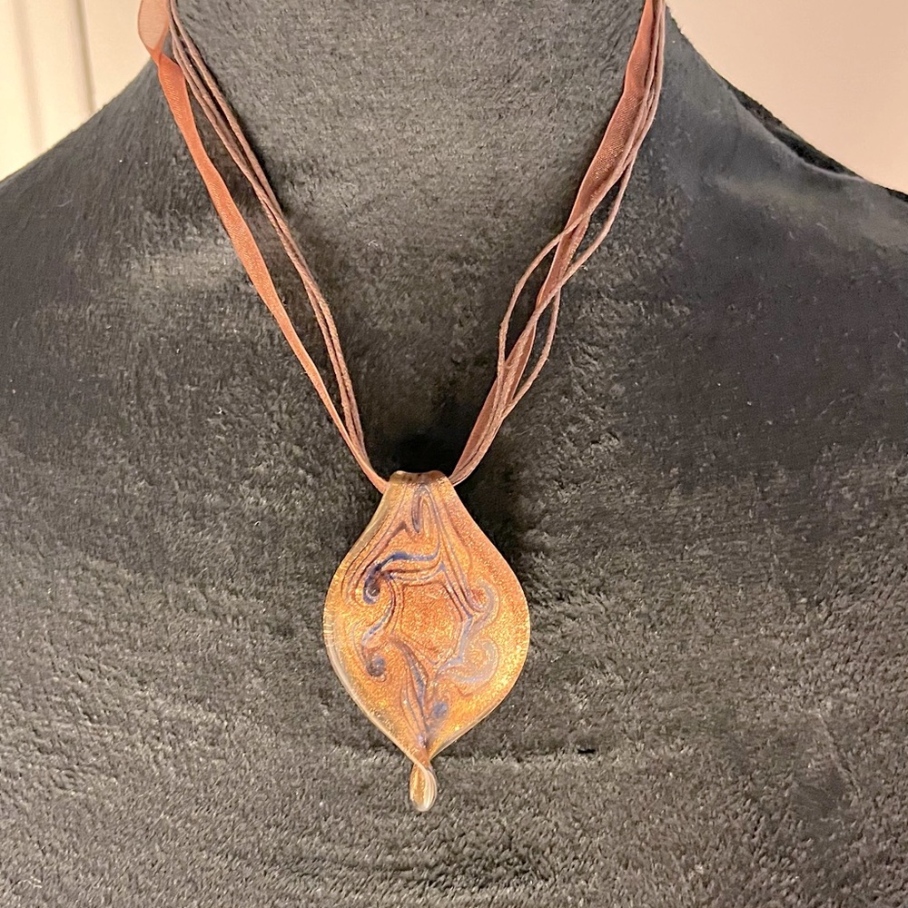 Teardrop abstract swirl glass pendant with leather necklace
